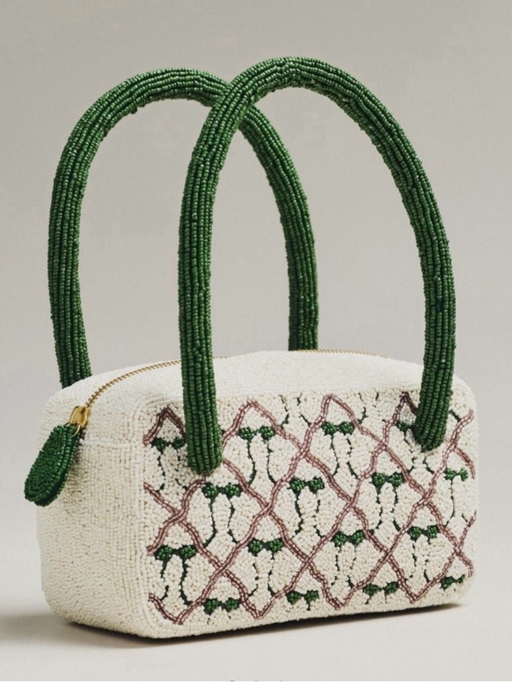 Anthropologie Beaded Cream Top-Handle Bag with Green Bow Pattern